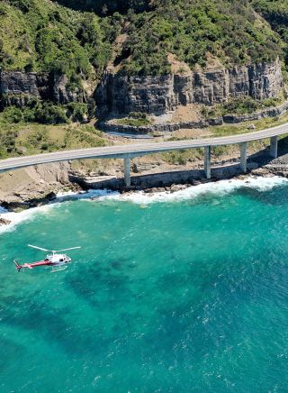 Aerial views of the Sea Cliff Bridge from a scenic helicopter flight, Wollongong, South Coast